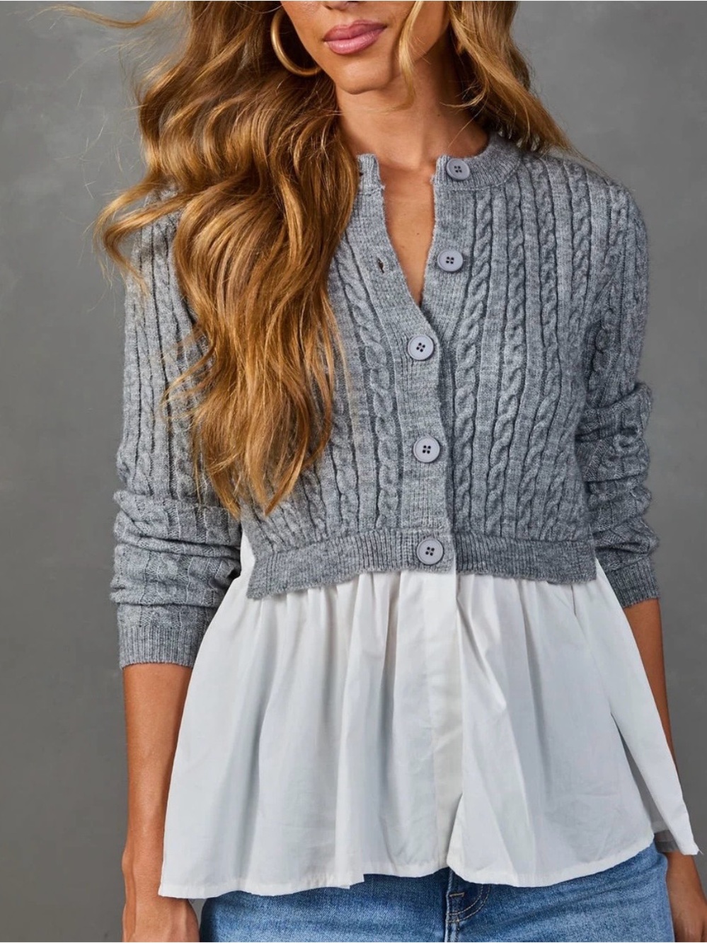 NWT- Gray Cable-Knit Button Cardigan Sweater with Peplum Hem